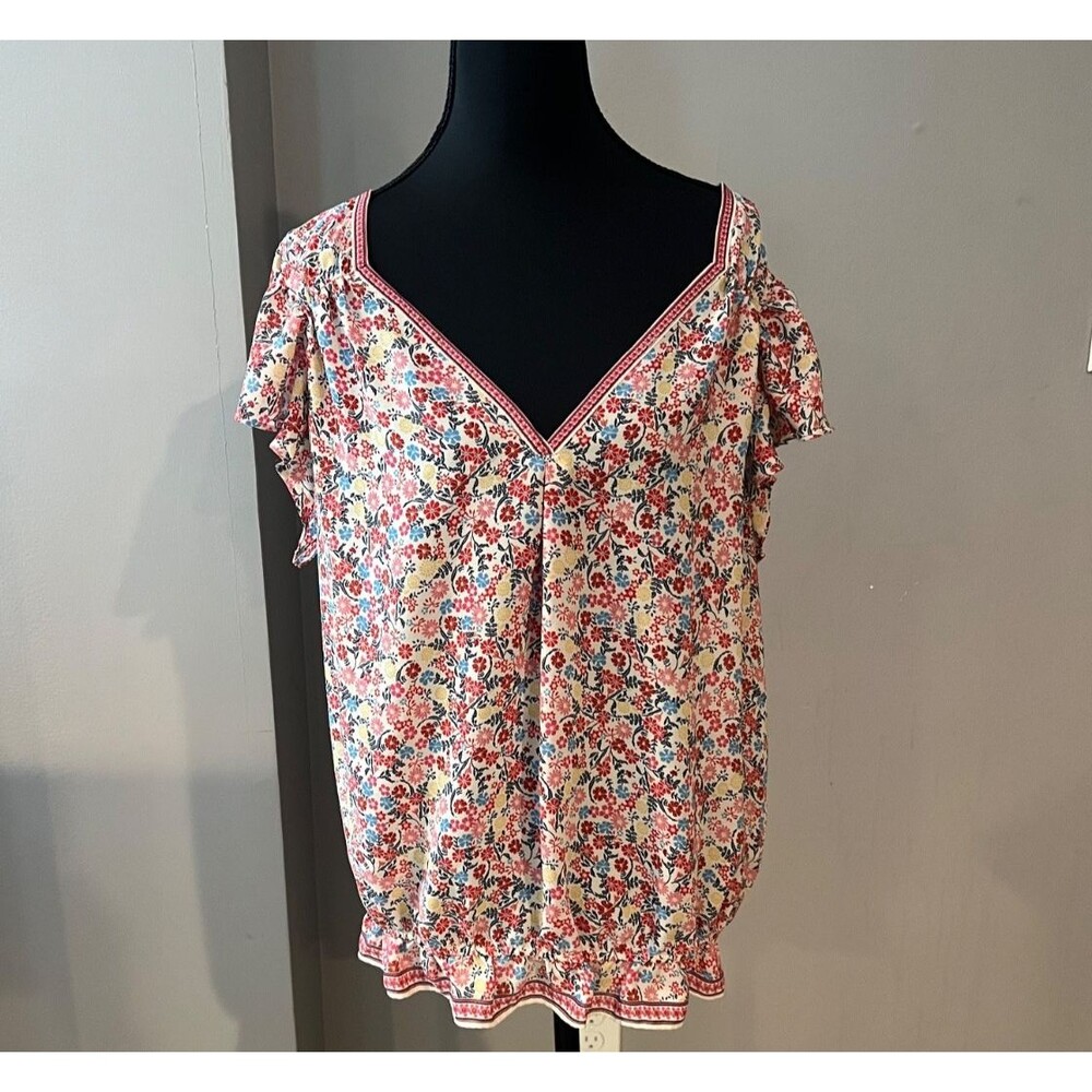 Max Studio Floral V-Neck Flutter Sleeve Woman's Top Multicolor Size L